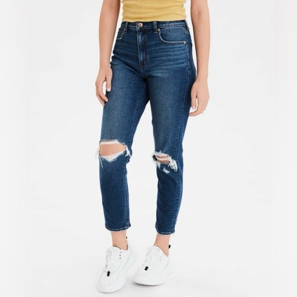 American Eagle High Rise Mom Jeans Distressed Stretch Blue Size 4
